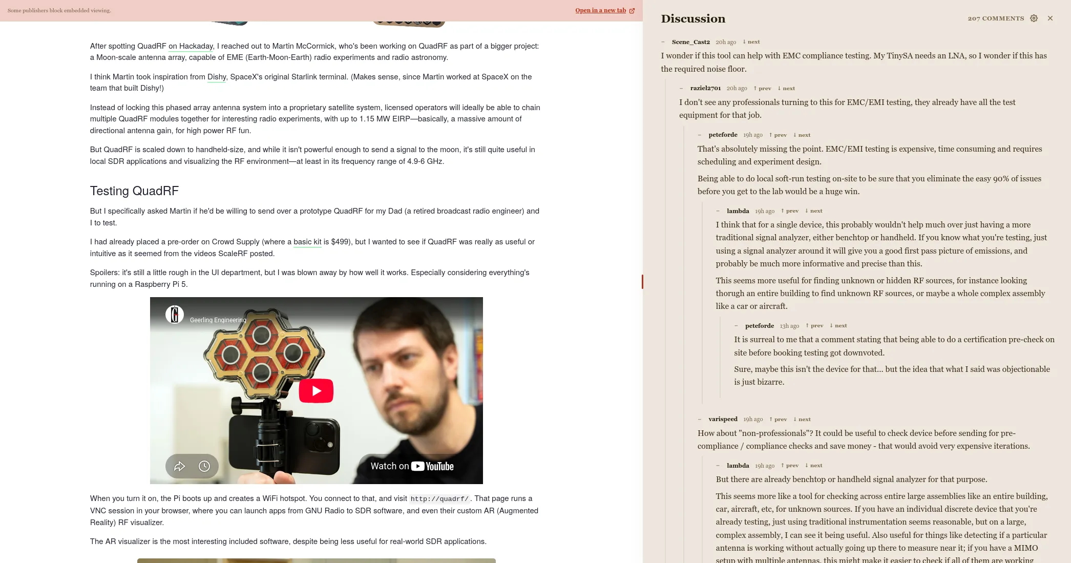 Threadline inline article reader beside discussion comments